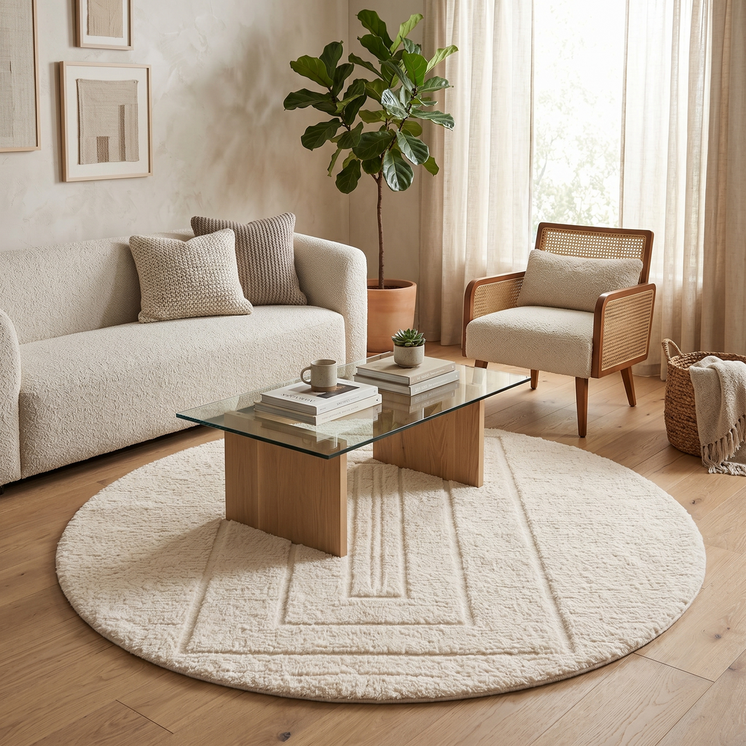 Round cream handmade Moroccan wool rug with carved minimalist geometric design on white background