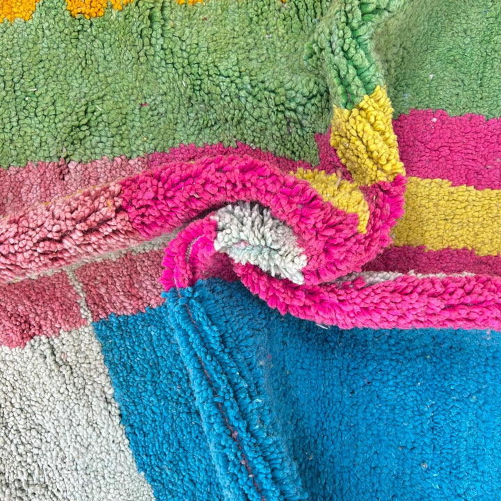 Vintage Moroccan wool rug 835 – handmade colorful abstract Berber carpet in pink, yellow, and blue (279 × 206 cm / 9.15 × 6.75 ft).