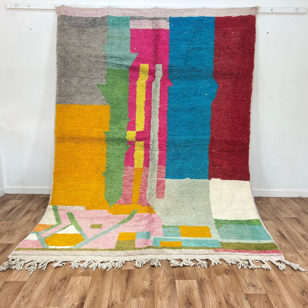 Vintage Moroccan wool rug 835 – handmade colorful abstract Berber carpet in pink, yellow, and blue (279 × 206 cm / 9.15 × 6.75 ft).