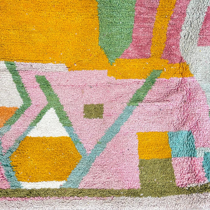 Vintage Moroccan wool rug 835 – handmade colorful abstract Berber carpet in pink, yellow, and blue (279 × 206 cm / 9.15 × 6.75 ft).