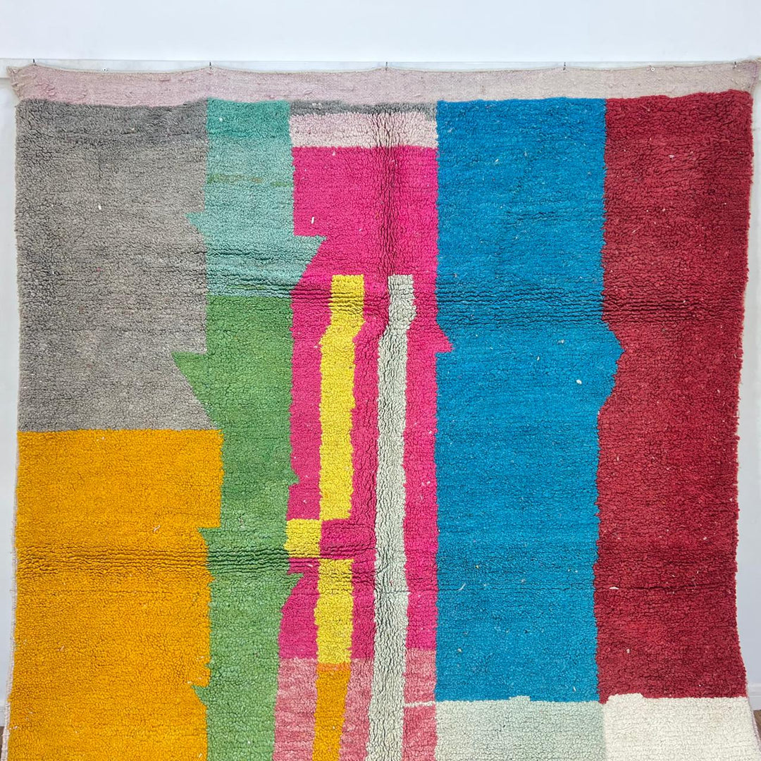Vintage Moroccan wool rug 835 – handmade colorful abstract Berber carpet in pink, yellow, and blue (279 × 206 cm / 9.15 × 6.75 ft).