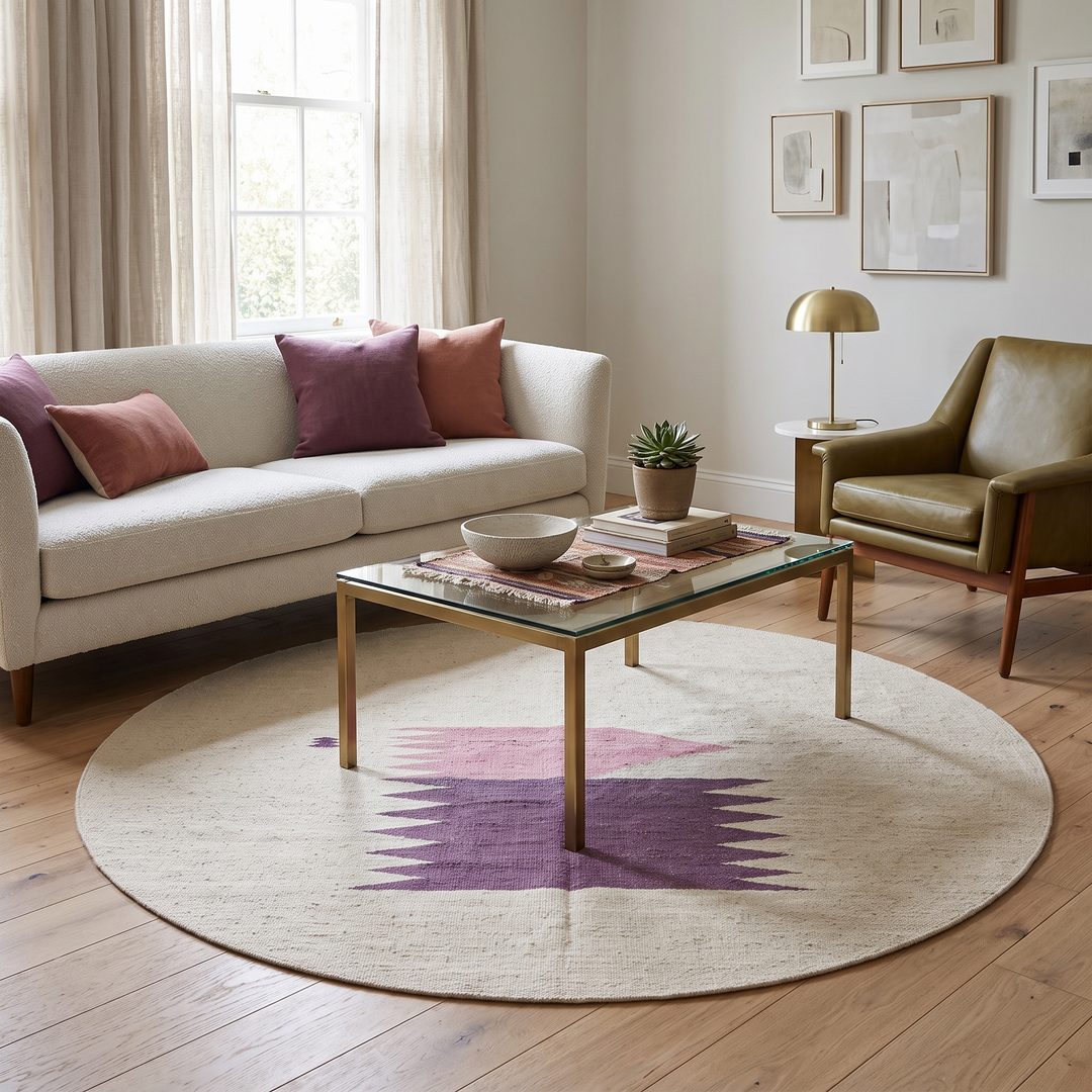 Flat weave round Moroccan wool rug with minimalist abstract pink and purple design on white background