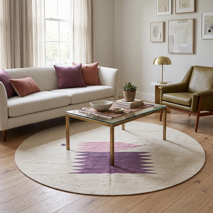 Flat weave round Moroccan wool rug with minimalist abstract pink and purple design on white background
