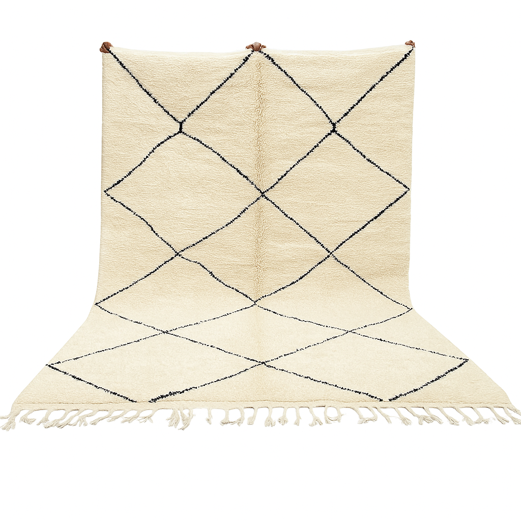 Minimalist Beni Ourain Moroccan wool rug with black diamond pattern
