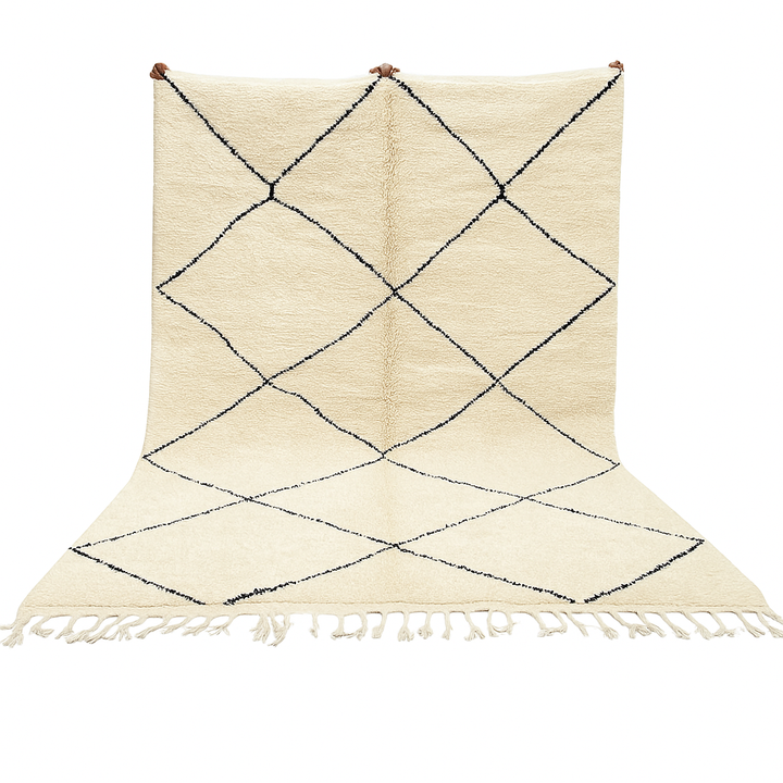 Minimalist Beni Ourain Moroccan wool rug with black diamond pattern