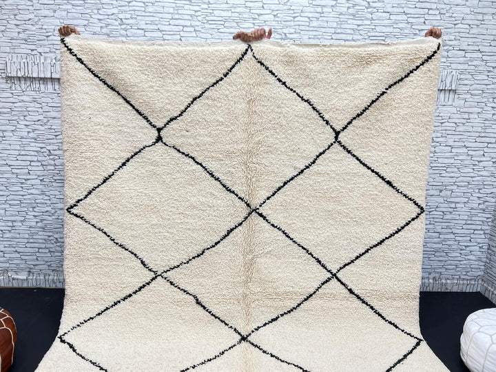 Minimalist Beni Ourain Moroccan wool rug with black diamond pattern