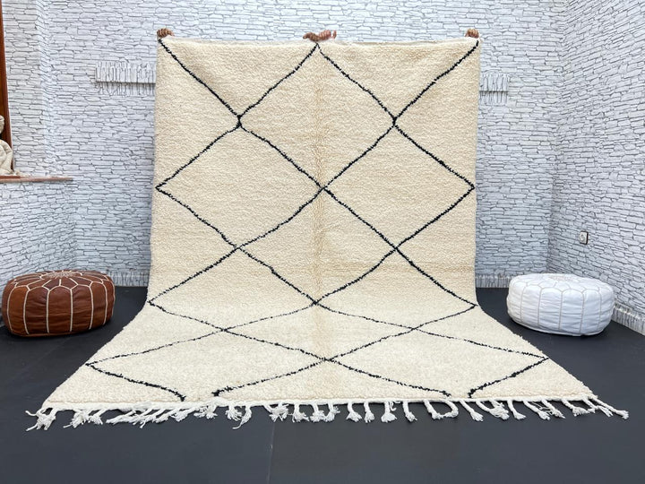 Minimalist Beni Ourain Moroccan wool rug with black diamond pattern