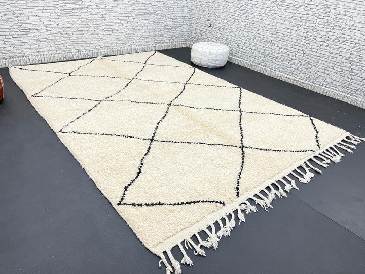 Minimalist Beni Ourain Moroccan wool rug with black diamond pattern