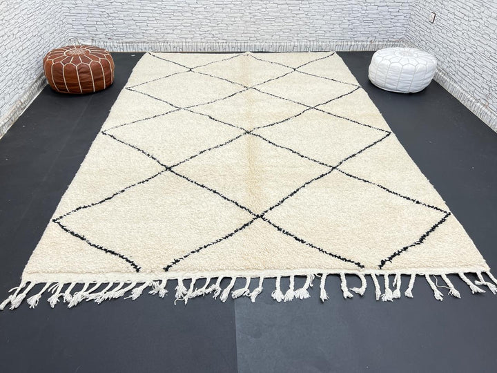 Minimalist Beni Ourain Moroccan wool rug with black diamond pattern