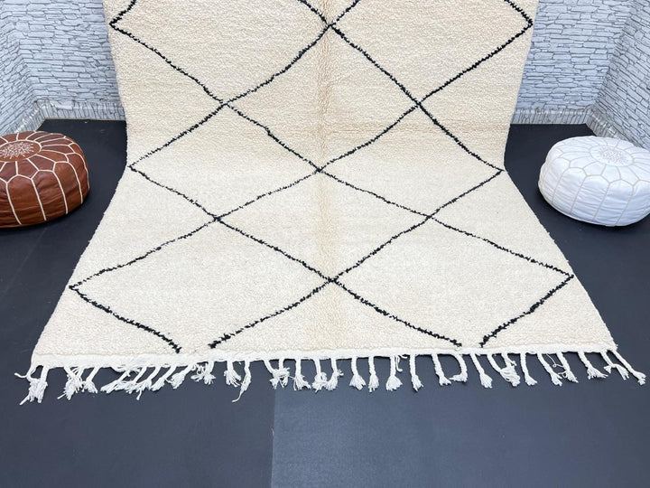 Minimalist Beni Ourain Moroccan wool rug with black diamond pattern