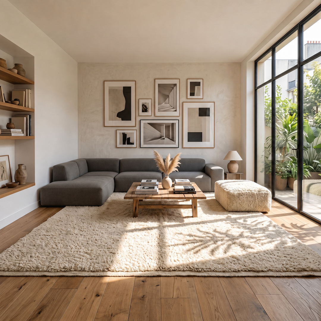 Handmade minimalist cream Beni Ourain Moroccan wool rug 