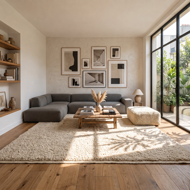 Handmade minimalist cream Beni Ourain Moroccan wool rug 