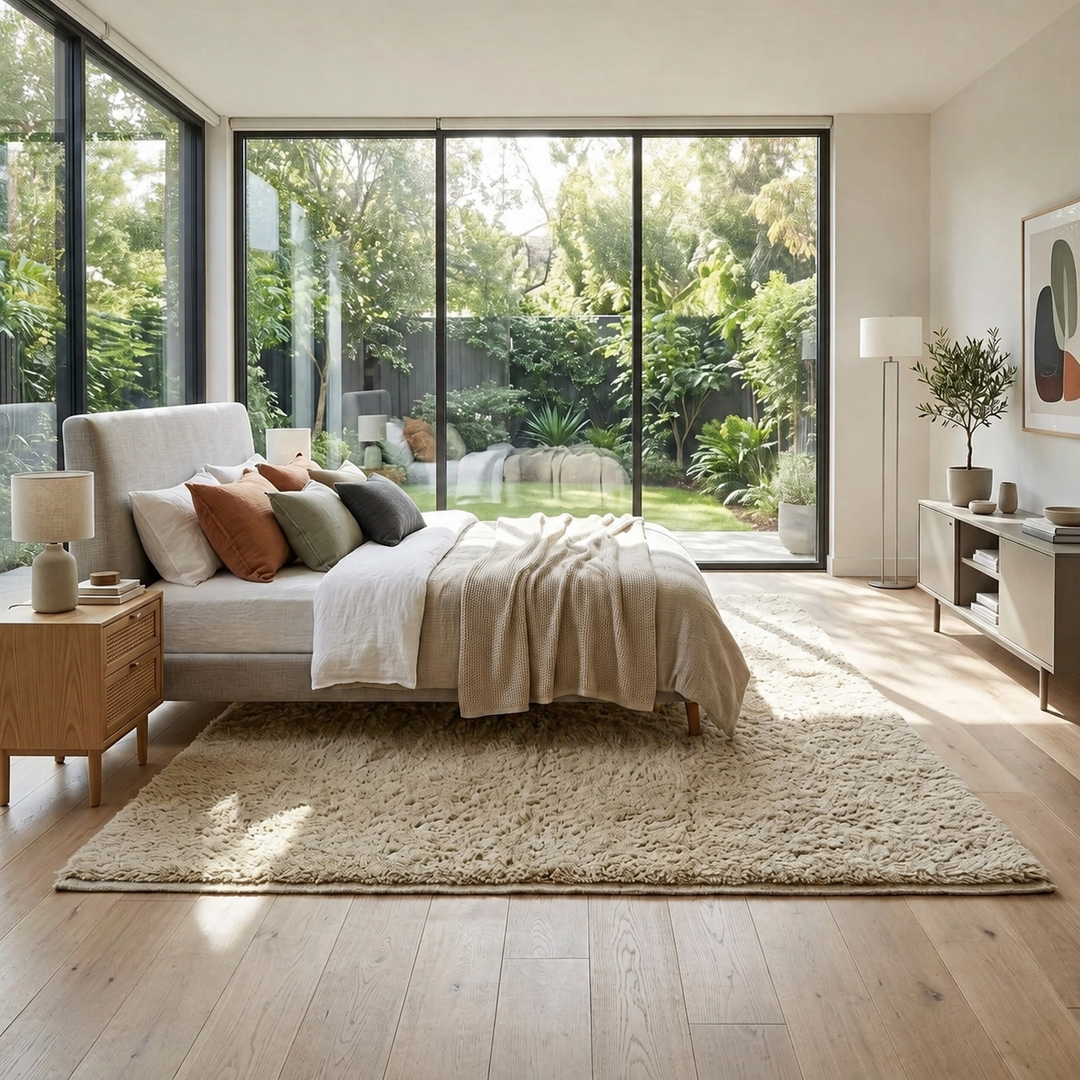 Handmade minimalist cream Beni Ourain Moroccan wool rug 