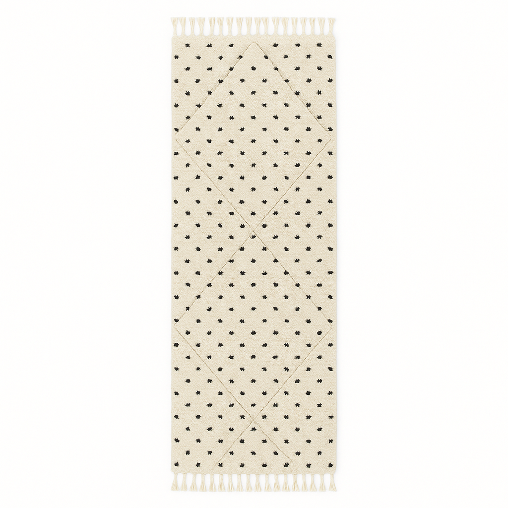 Handmade Moroccan runner rug with black dotted tuft pattern and soft geometric diamond outlines on a white wool background.