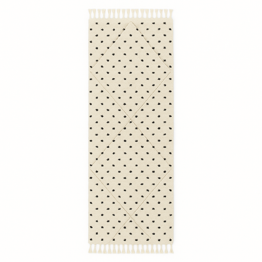 Handmade Moroccan runner rug with black dotted tuft pattern and soft geometric diamond outlines on a white wool background.