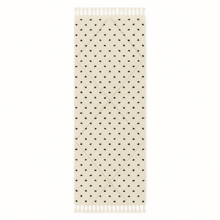 Handmade Moroccan runner rug with black dotted tuft pattern and soft geometric diamond outlines on a white wool background.