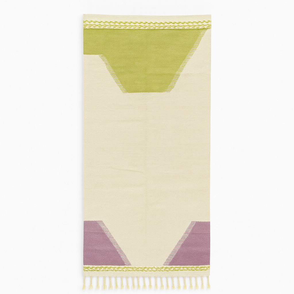 Handmade Moroccan kilim runner rug with green and purple geometric design on white background, flatwoven minimalist Moroccan corridor rug