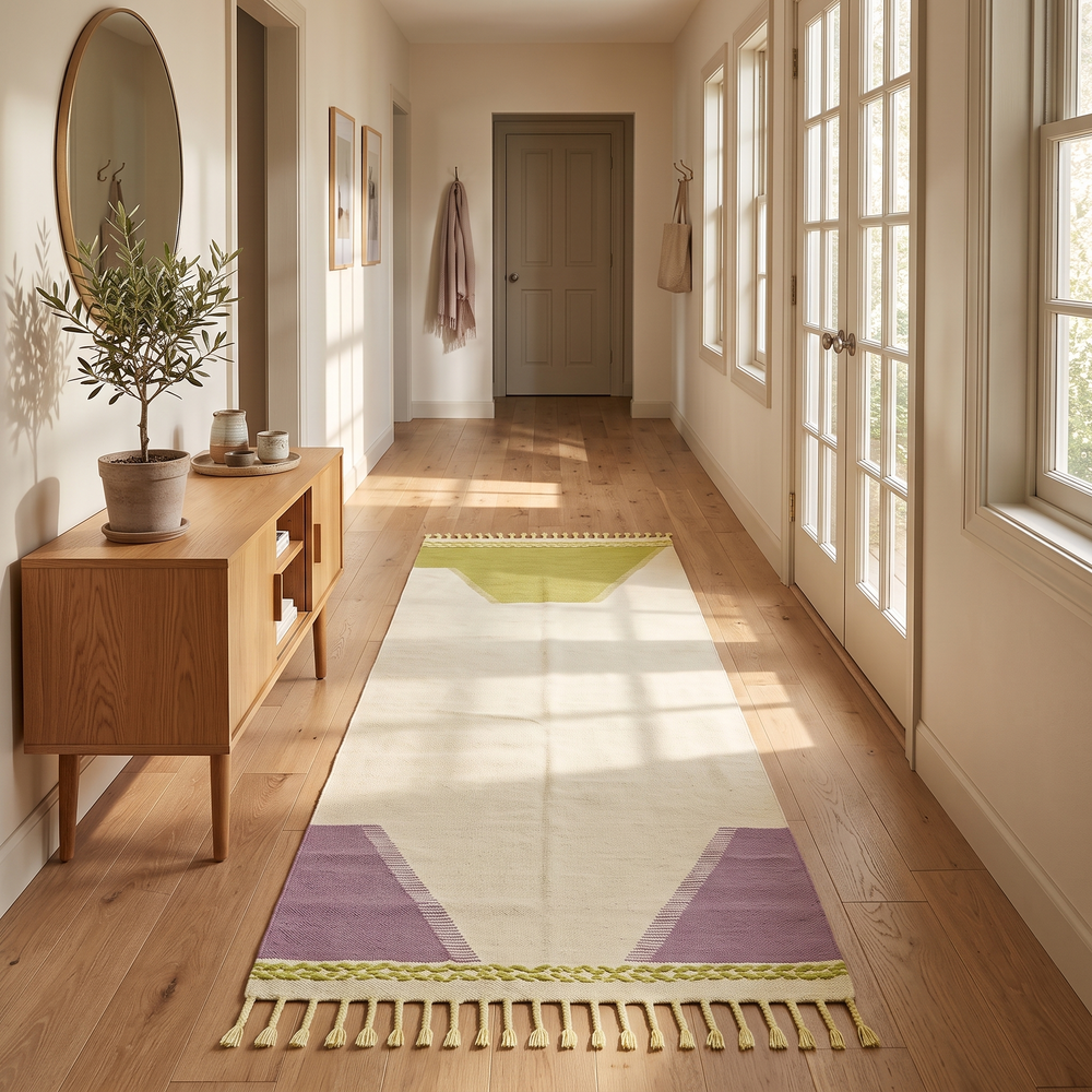 Handmade Moroccan kilim runner rug with green and purple geometric design on white background, flatwoven minimalist Moroccan corridor rug