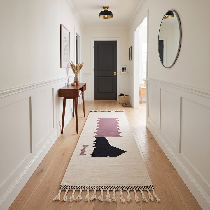 Handmade Moroccan runner rug with abstract  purple and black geometric shapes on white background, minimalist flatwoven wool hallway rug