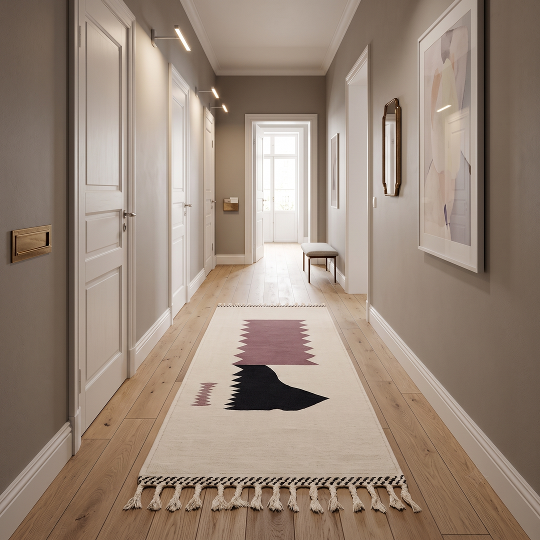 Handmade Moroccan runner rug with abstract  purple and black geometric shapes on white background, minimalist flatwoven wool hallway rug
