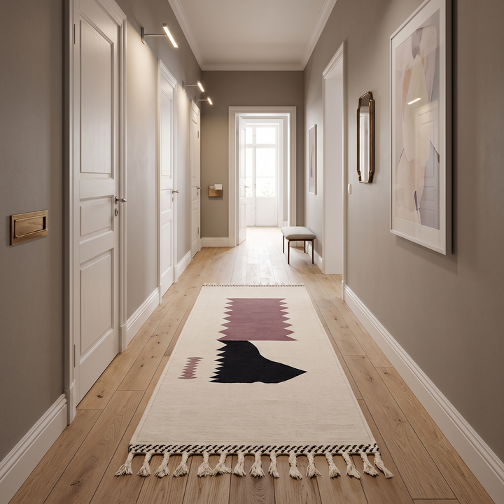 Handmade Moroccan runner rug with abstract  purple and black geometric shapes on white background, minimalist flatwoven wool hallway rug