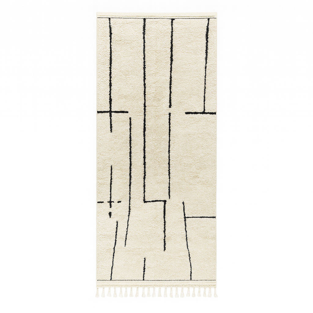Handmade minimalist Moroccan runner rug with black linear abstract design on natural white wool background.