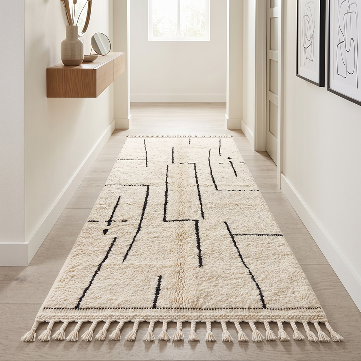 Handmade minimalist Moroccan runner rug with black linear abstract design on natural white wool background.