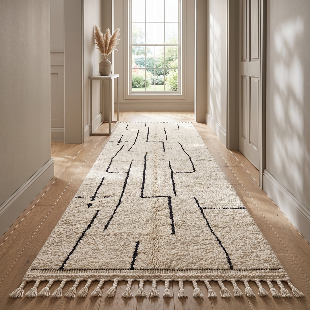 Handmade minimalist Moroccan runner rug with black linear abstract design on natural white wool background.