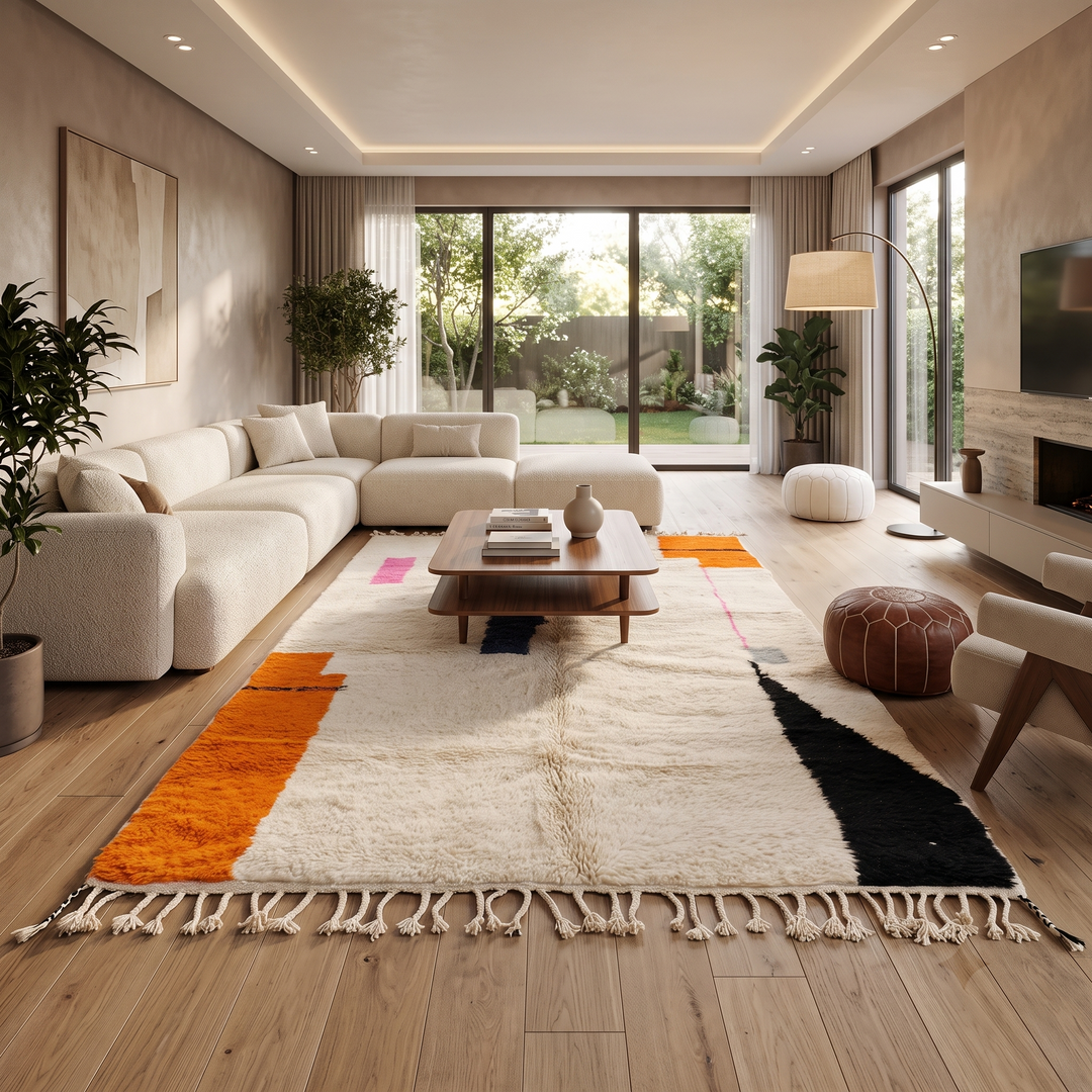 Minimalist Moroccan wool rug with abstract navy, orange and pink line design on cream background