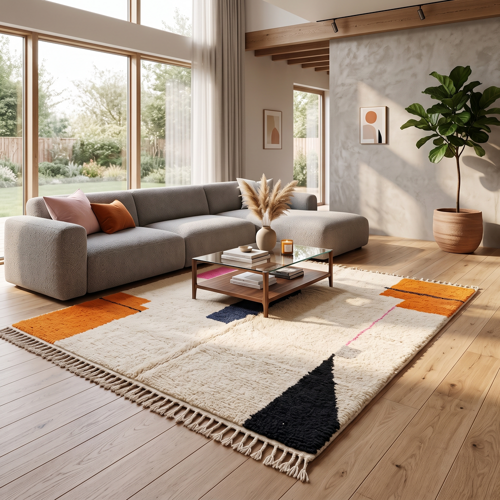 Minimalist Moroccan wool rug with abstract navy, orange and pink line design on cream background