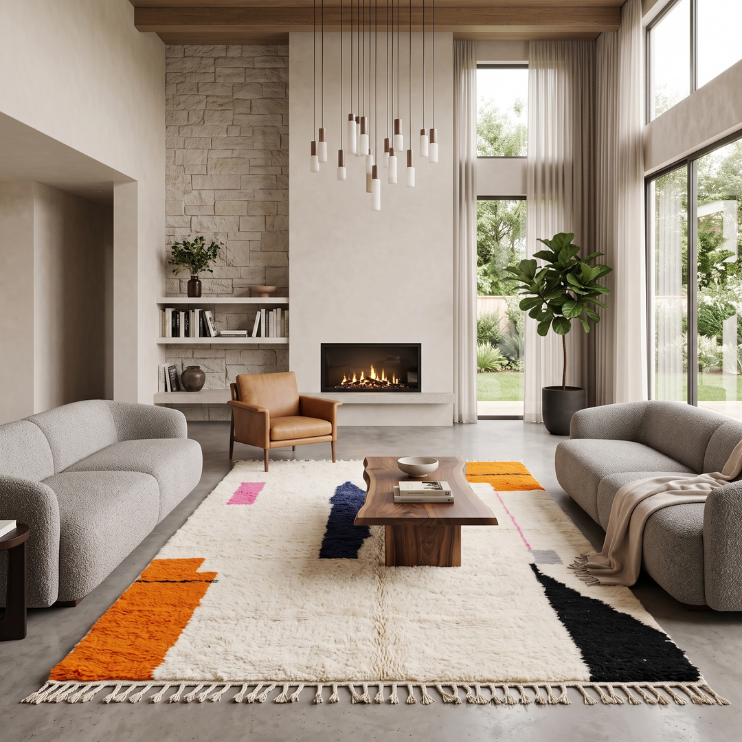 Minimalist Moroccan wool rug with abstract navy, orange and pink line design on cream background