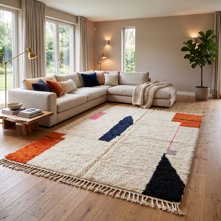 Minimalist Moroccan wool rug with abstract navy, orange and pink line design on cream background