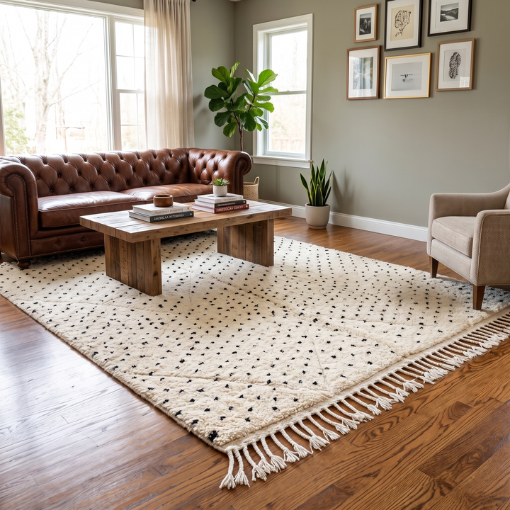 Handwoven Moroccan wool rug with small black dotted patterns on an ivory background, minimalist Beni Ourain design