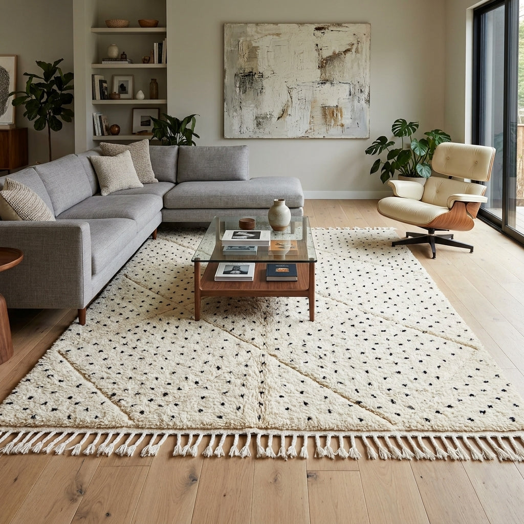 Handwoven Moroccan wool rug with small black dotted patterns on an ivory background, minimalist Beni Ourain design