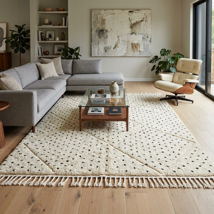 Handwoven Moroccan wool rug with small black dotted patterns on an ivory background, minimalist Beni Ourain design