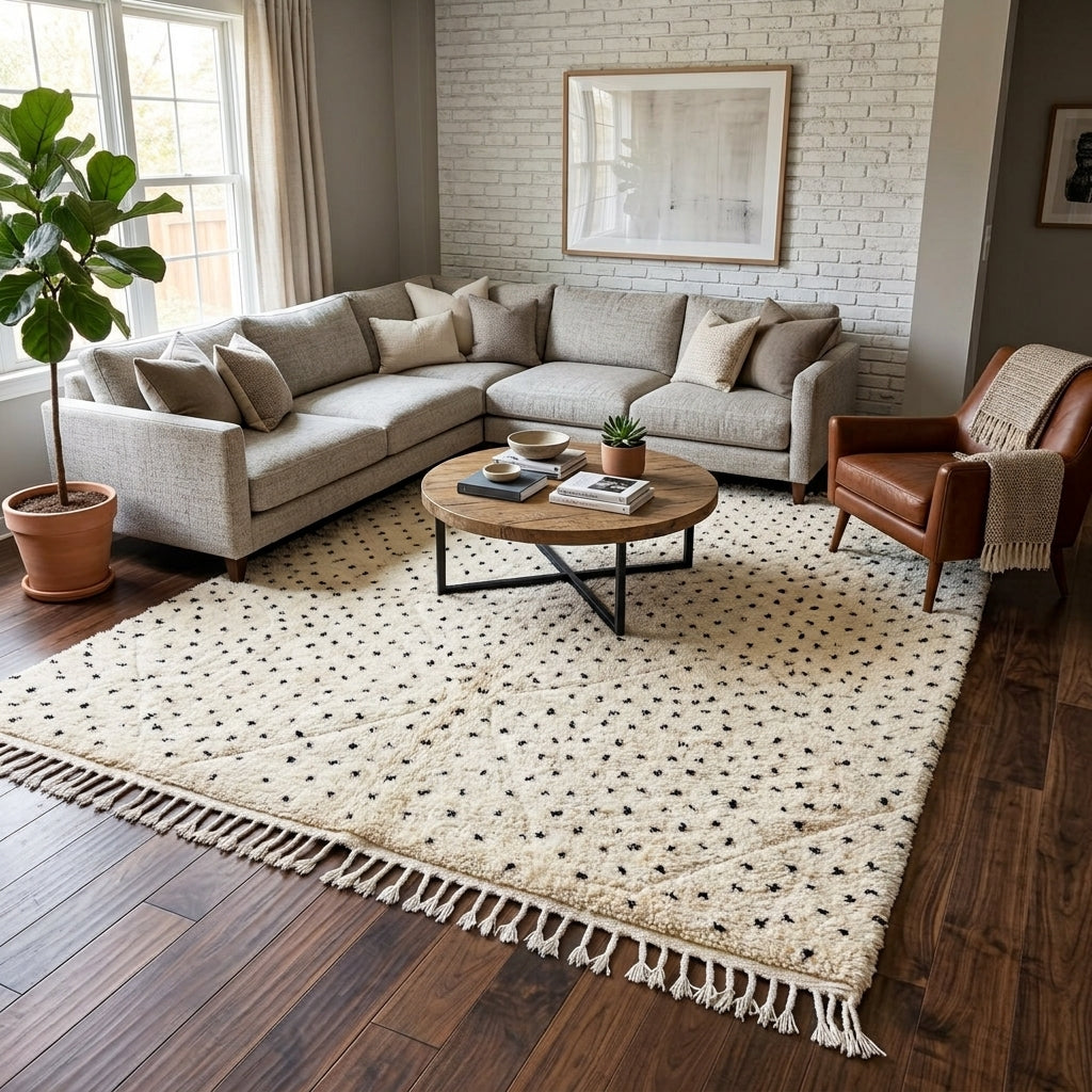Handwoven Moroccan wool rug with small black dotted patterns on an ivory background, minimalist Beni Ourain design