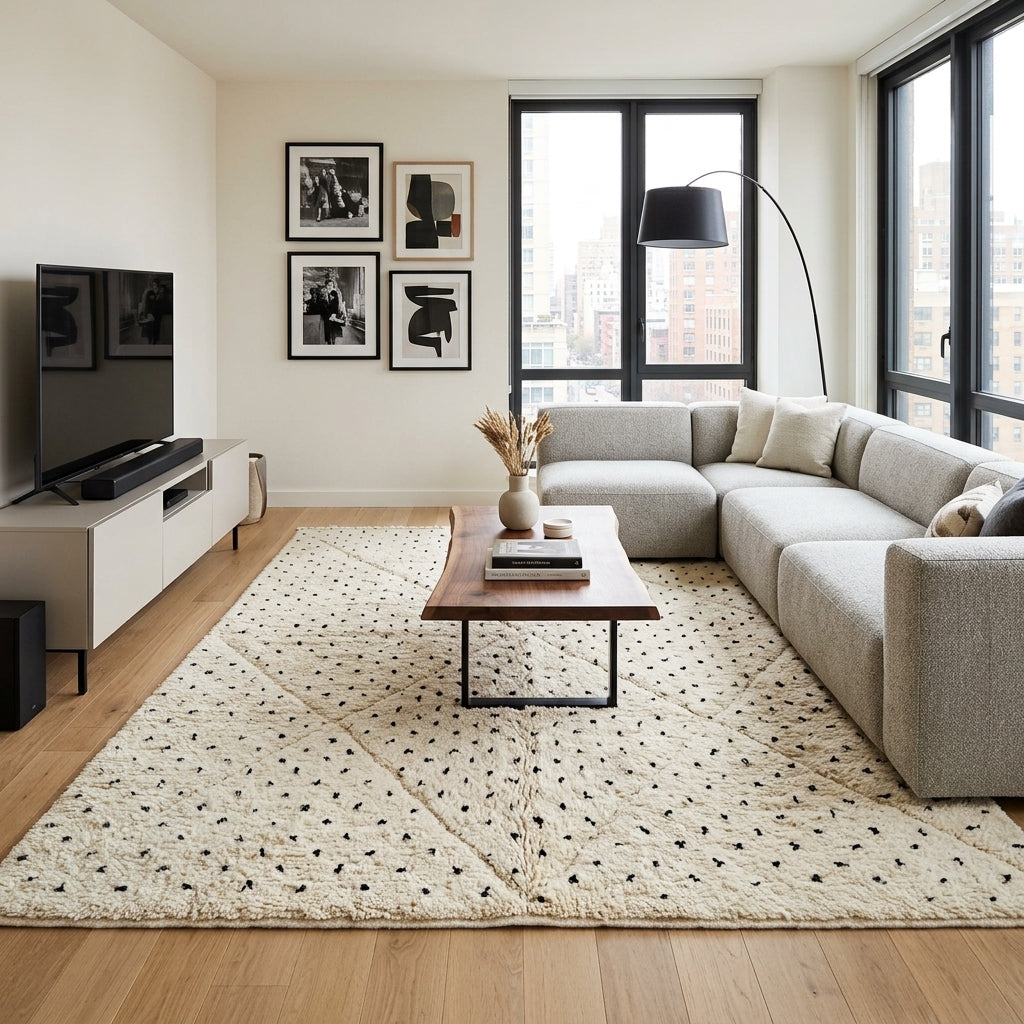 Handwoven Moroccan wool rug with small black dotted patterns on an ivory background, minimalist Beni Ourain design