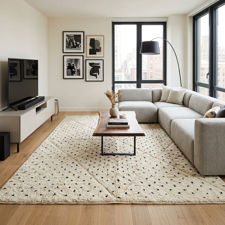 Handwoven Moroccan wool rug with small black dotted patterns on an ivory background, minimalist Beni Ourain design