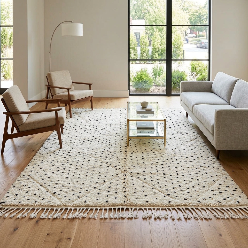 Handwoven Moroccan wool rug with small black dotted patterns on an ivory background, minimalist Beni Ourain design