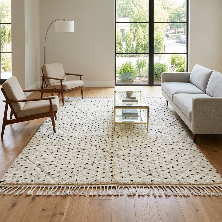 Handwoven Moroccan wool rug with small black dotted patterns on an ivory background, minimalist Beni Ourain design