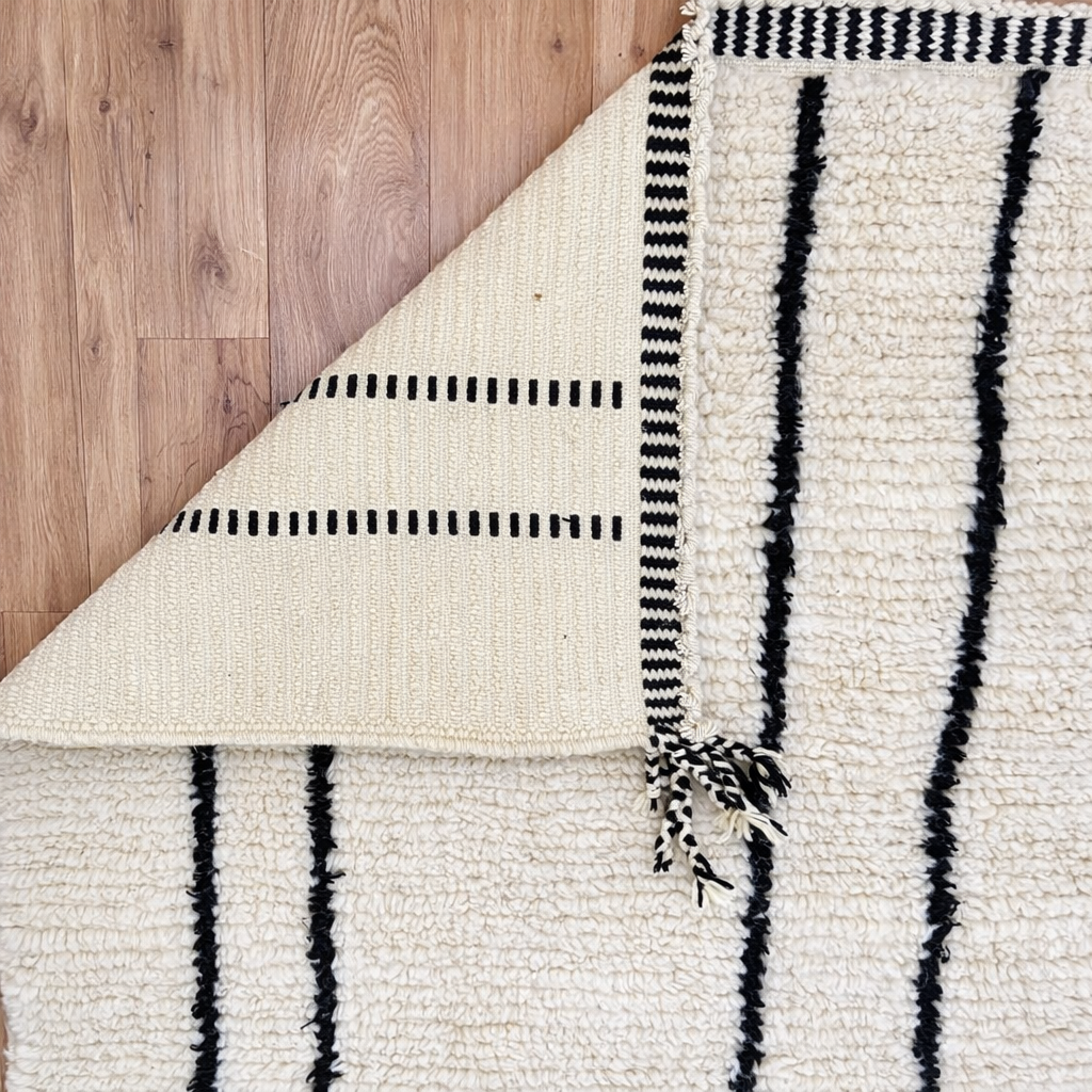 minimalist moroccan wool rug with black linear design on ivory