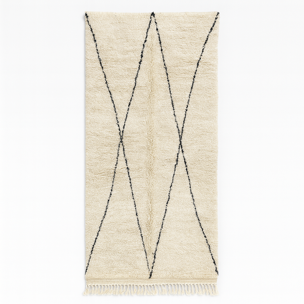 Handmade white Moroccan runner rug with minimalist black geometric line pattern in soft natural wool.