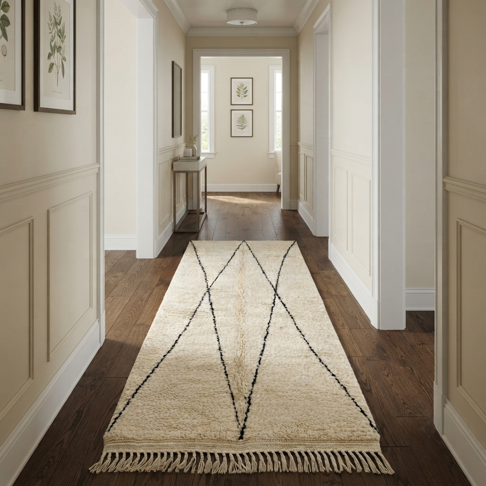 Handmade white Moroccan runner rug with minimalist black geometric line pattern in soft natural wool.