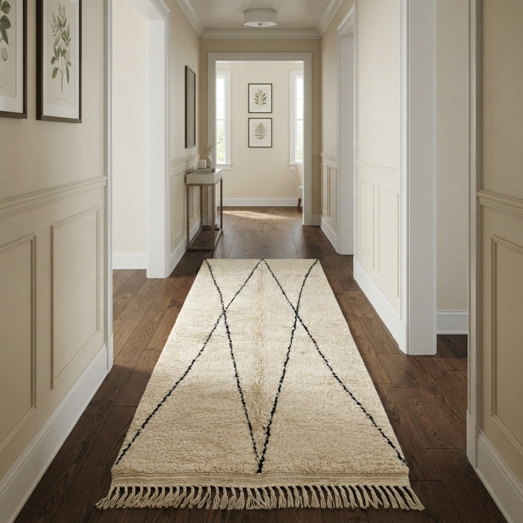 Handmade white Moroccan runner rug with minimalist black geometric line pattern in soft natural wool.