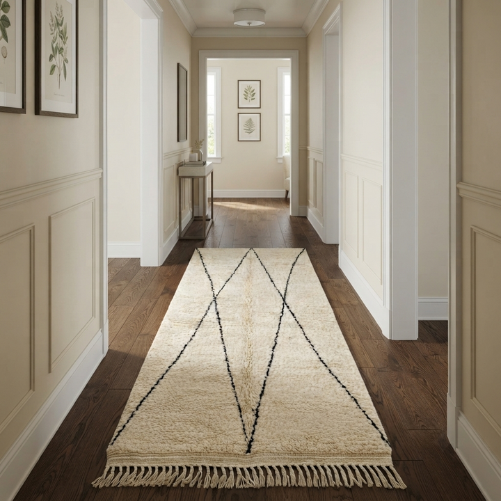 Handmade white Moroccan runner rug with minimalist black geometric line pattern in soft natural wool.