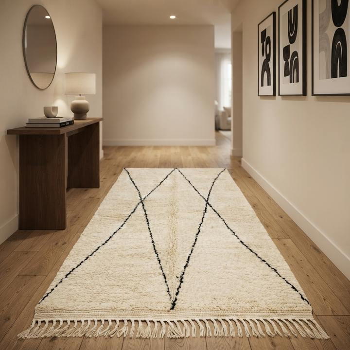 Handmade white Moroccan runner rug with minimalist black geometric line pattern in soft natural wool.