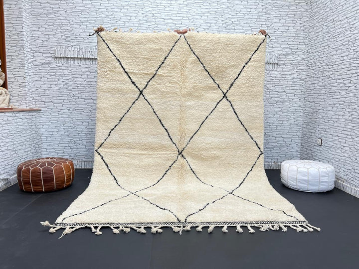 Cream Beni Ourain Moroccan wool rug with black diamond lines