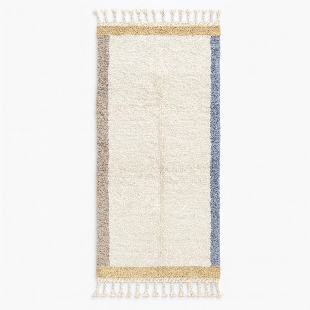 Handmade Moroccan runner rug with white wool center, blue borders, and beige accents, crafted by Berber artisans.