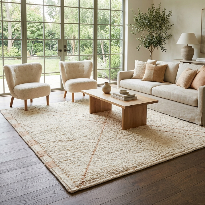 Handmade cream Moroccan Beni Mrirt wool rug with peach checker border and minimalist X line design.