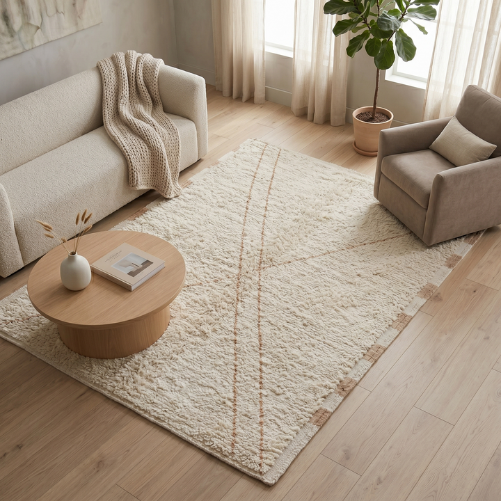 Handmade cream Moroccan Beni Mrirt wool rug with peach checker border and minimalist X line design.
